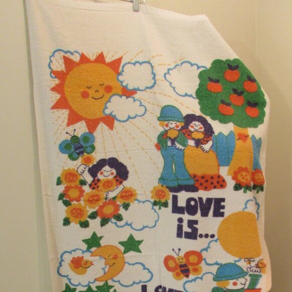 Vintage 1970s "Love is..." Beach Towel 54"x28" HAS WEAR - Picture 3 of 15